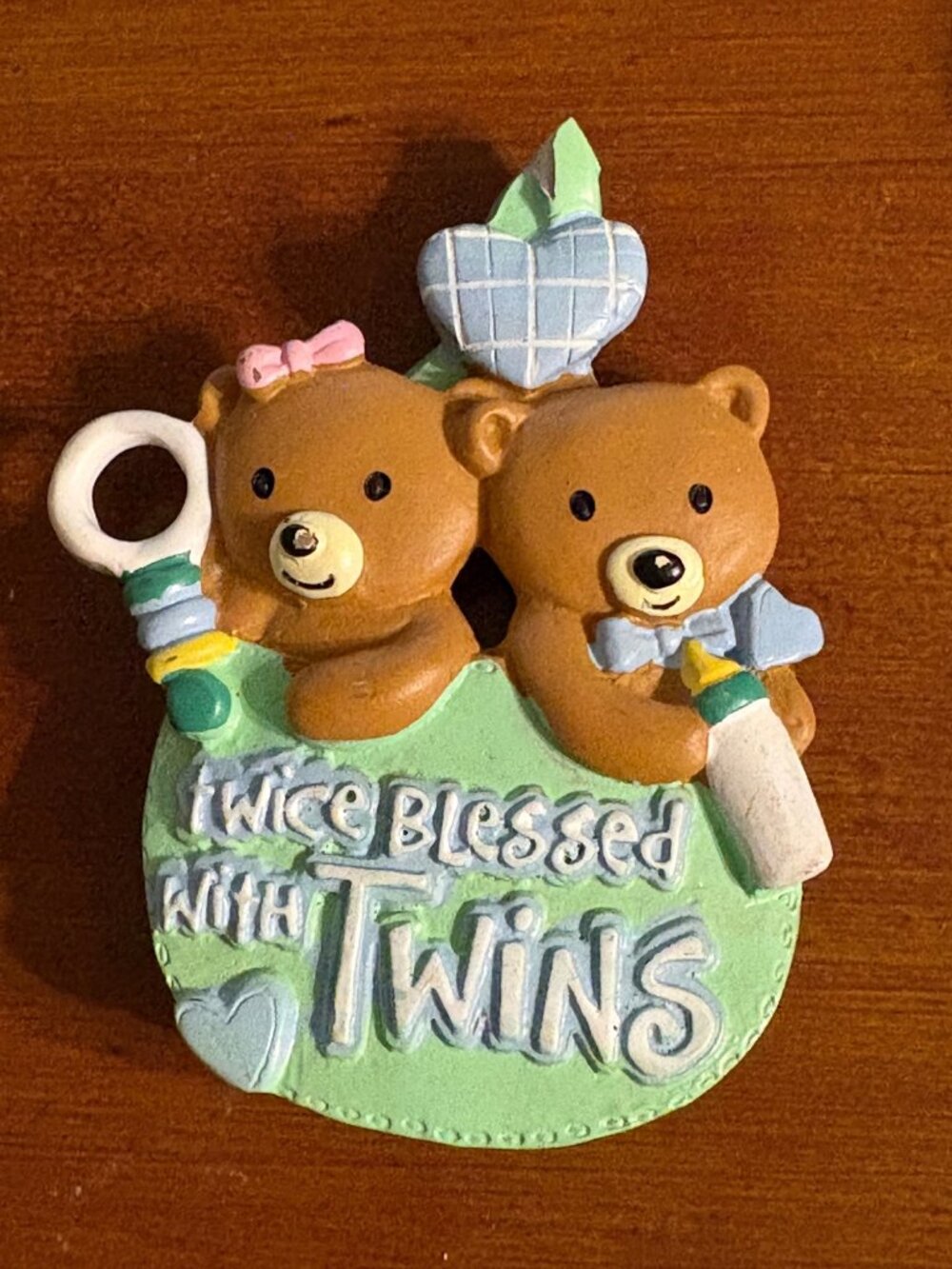 Twice Blessed With Twins Ornament Christmas Blue Green Pink Teddy Bears Boy Girl